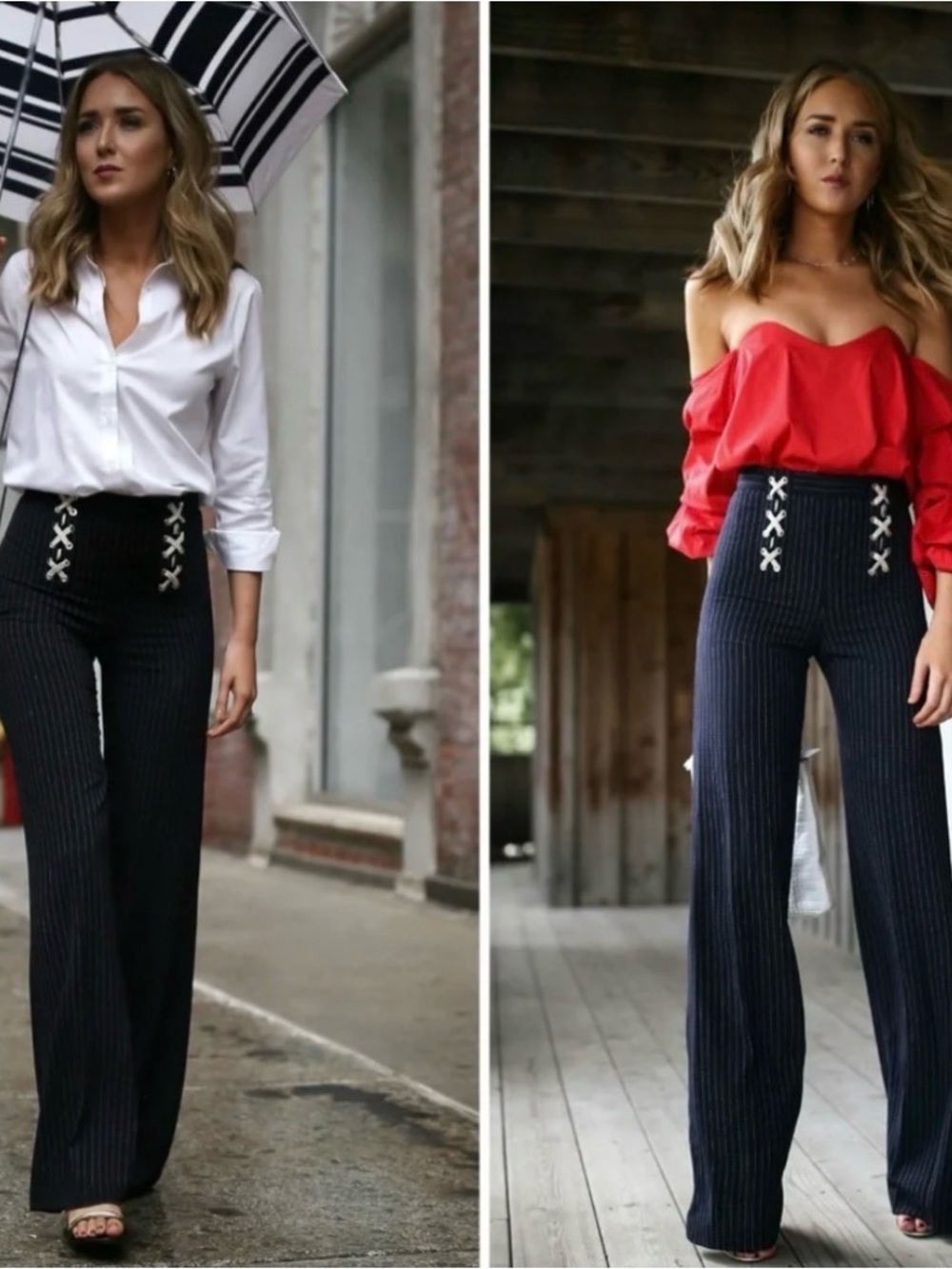 Veronica Beard Quinn Pinstripe Wide-Leg Pants with White Lace-Up Detail